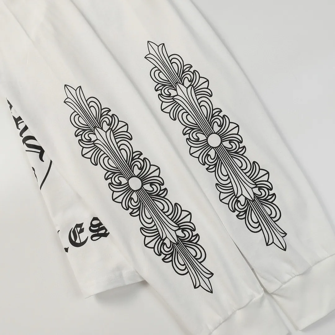 P150 -Chrome Hearts/Chrome Hearts 23ss scroll horseshoe Sanskrit printed popular long-sleeved T-shirt -High weight, high density and high quality. The wool is soft, delicate and skin-friendly. Soft and silky to the touch. Excellent warmth and skin-friendly properties. -Customized weaving and dyeing, no color difference, no matter the fabric or workmanship details. Compare the ordinary version on the market. -Colour: black, white, gray. -Size: S M L XL